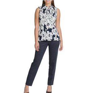 DKNY Sleeveless Floral print Pleated Tie Mock Neck Top